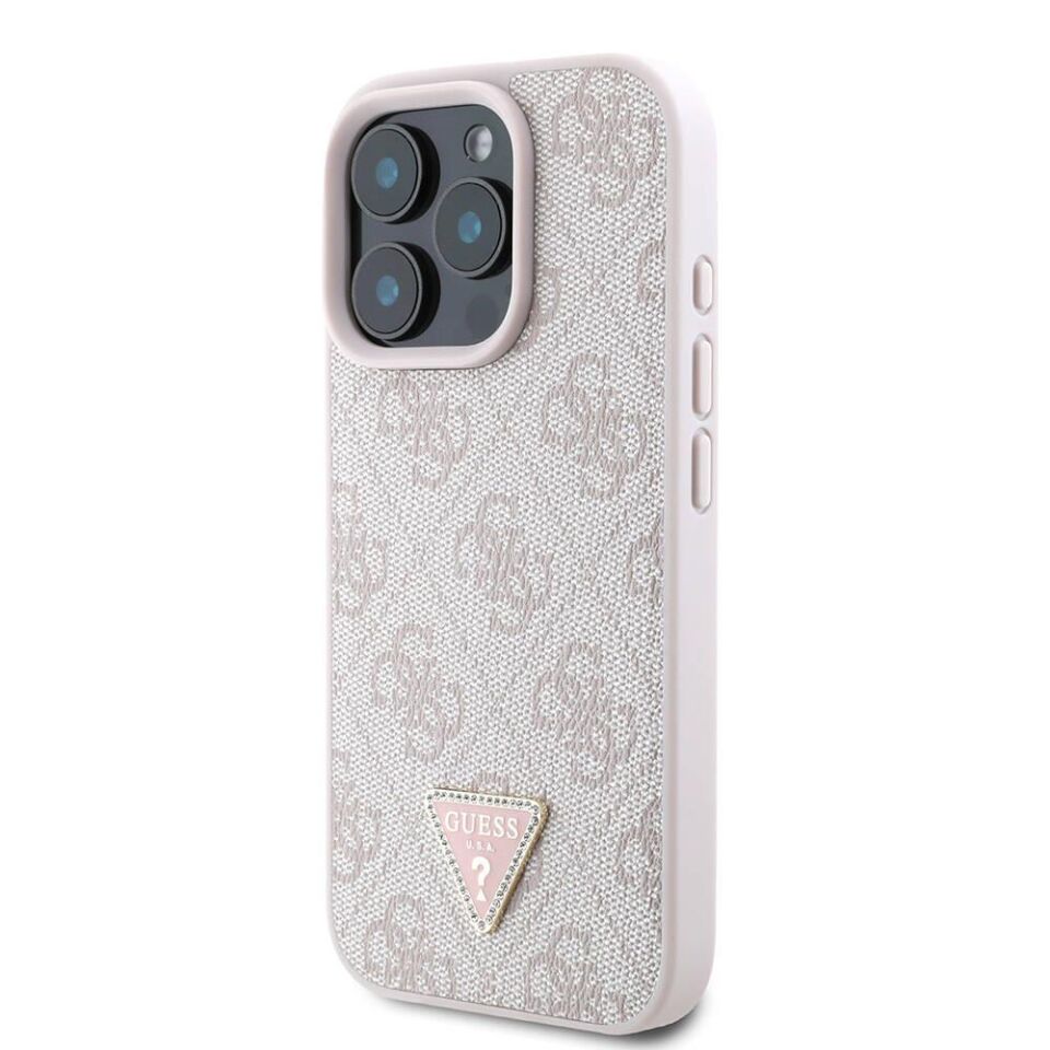Apple iPhone 16 Pro Max Kılıf - Guess Orijinal Lisanslı - PU Deri - 4G Desenli -  Taşlı Üçgen Logolu Kapak - Pembe