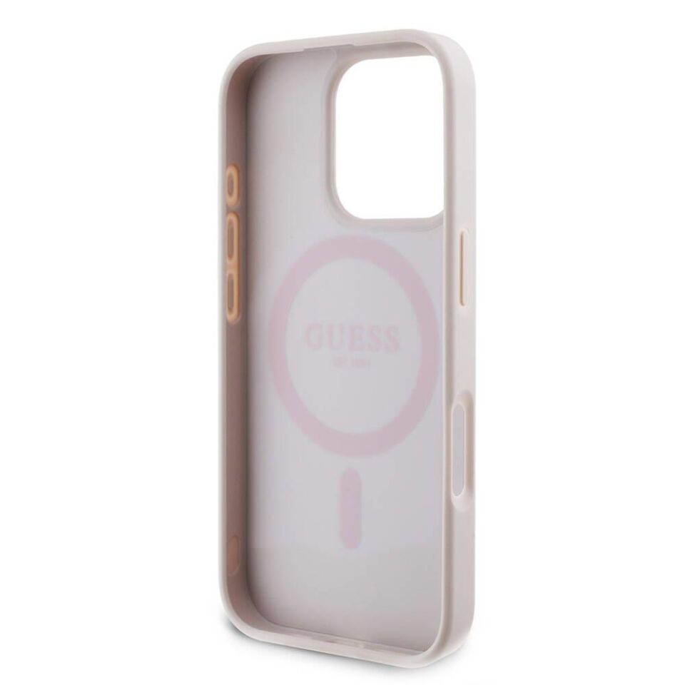 Apple iPhone 16 Pro Max Kılıf - Guess Orijinal Lisanslı - PU Deri - 4G Desenli -  Taşlı Üçgen Logolu Kapak - Pembe