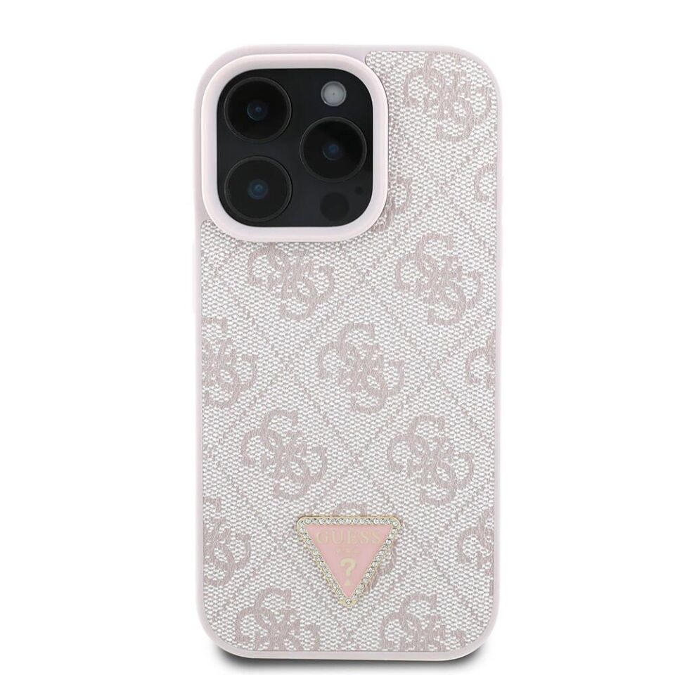 Apple iPhone 16 Pro Max Kılıf - Guess Orijinal Lisanslı - PU Deri - 4G Desenli -  Taşlı Üçgen Logolu Kapak - Pembe