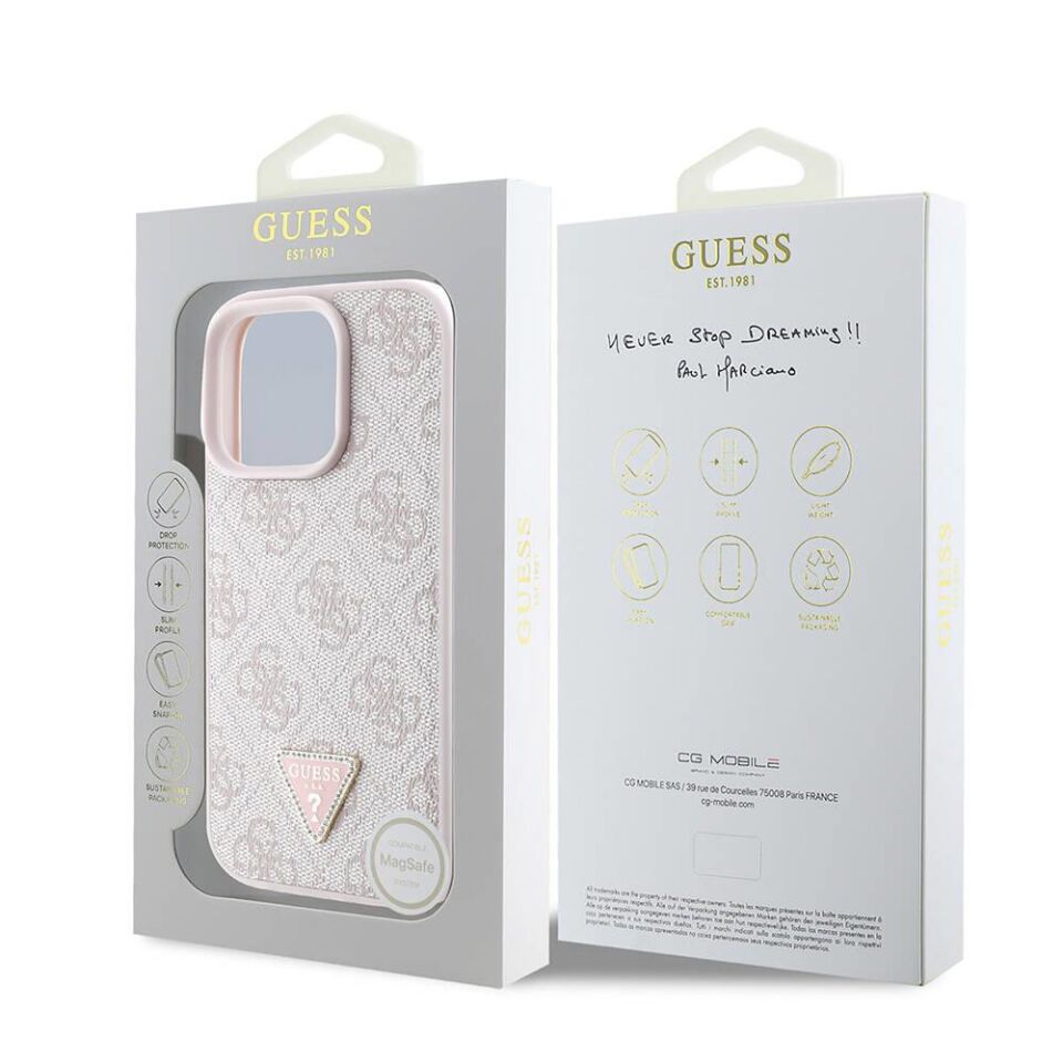 Apple iPhone 16 Pro Max Kılıf - Guess Orijinal Lisanslı - PU Deri - 4G Desenli -  Taşlı Üçgen Logolu Kapak - Pembe