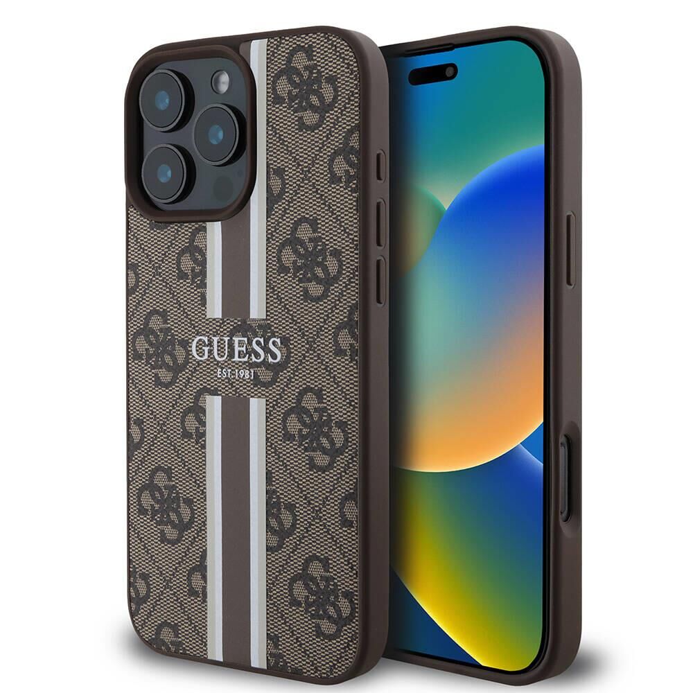 Apple iPhone 16 Pro Max Kılıf - Guess Orijinal Lisanslı - Magsafe Şarj Özellikli - 4G Şerit Tasarımlı - Printed Kapak - Kahverengi