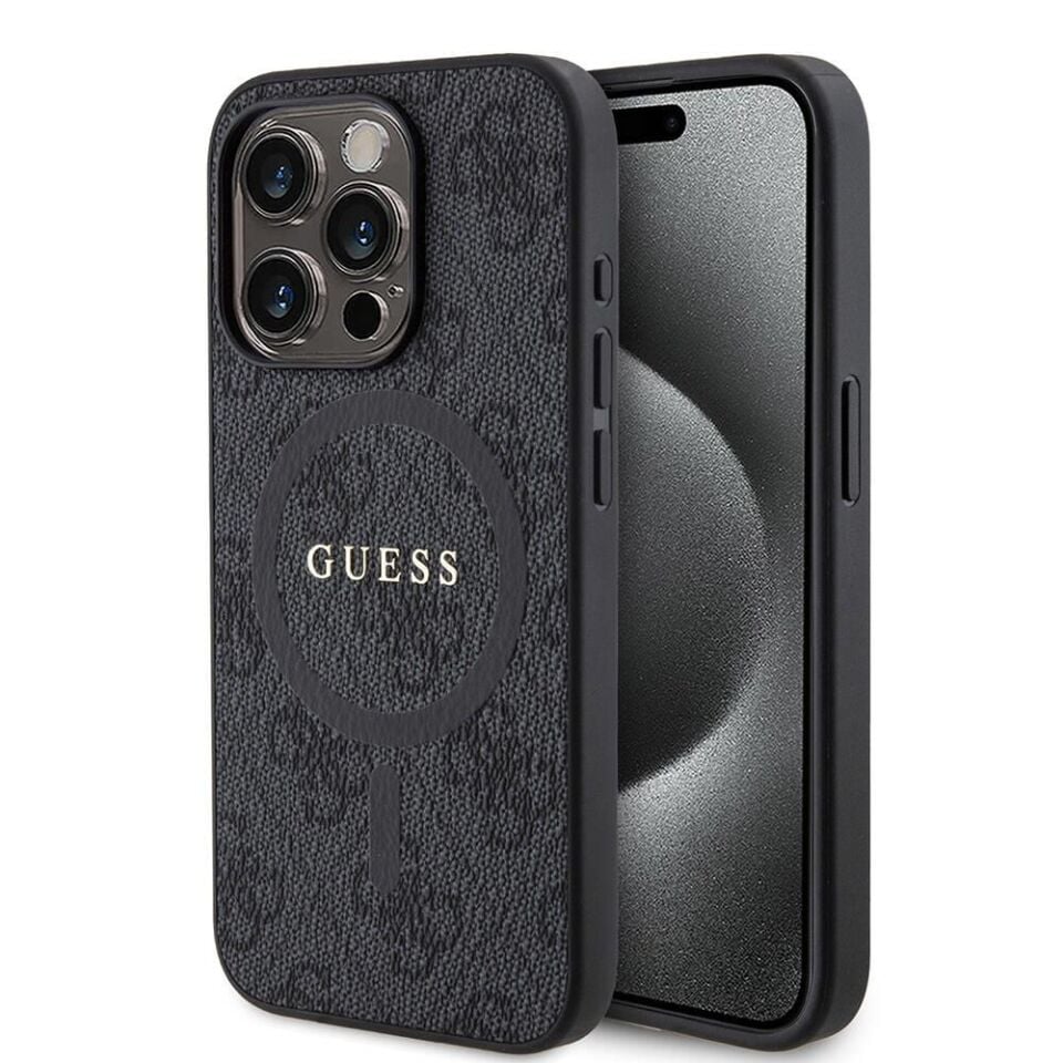 Apple iPhone 15 Pro Kılıf Guess Orijinal Lisanslı Magsafe Şarj Özellikli PU Halkalı 4G Desenli Yazı Logolu Kapak