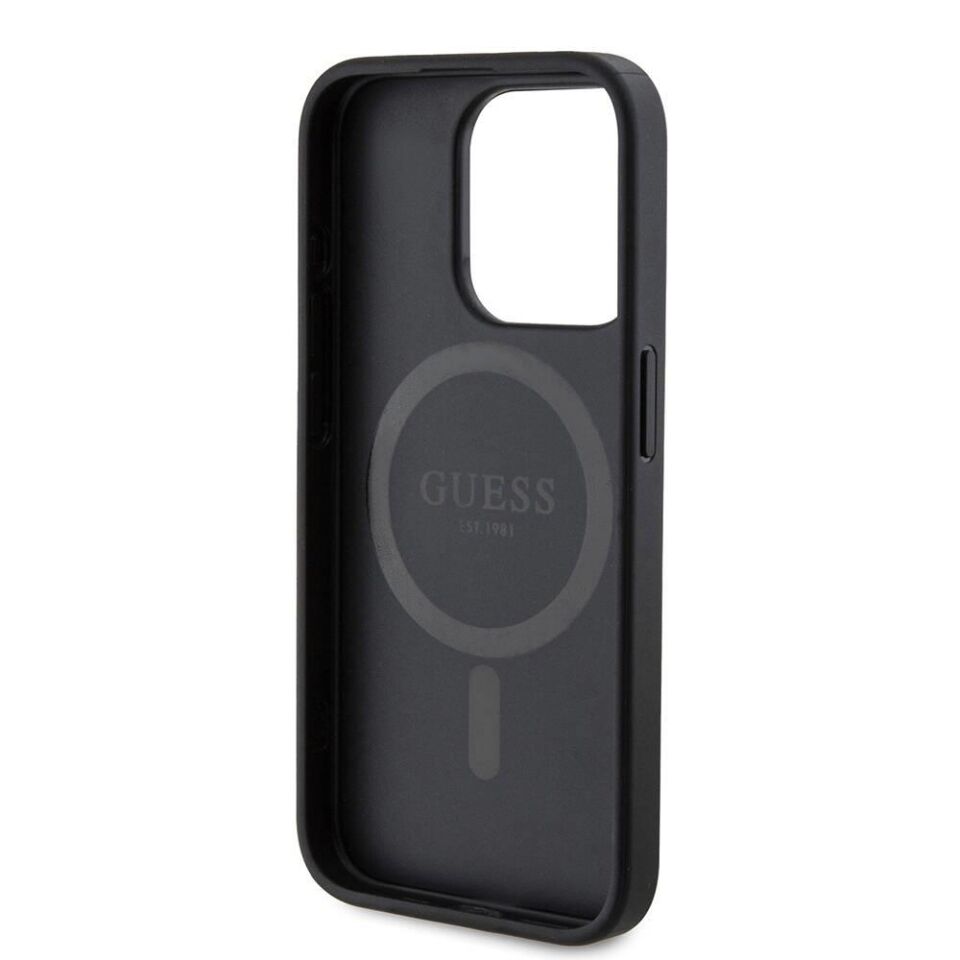 Apple iPhone 15 Pro Kılıf Guess Orijinal Lisanslı Magsafe Şarj Özellikli PU Halkalı 4G Desenli Yazı Logolu Kapak