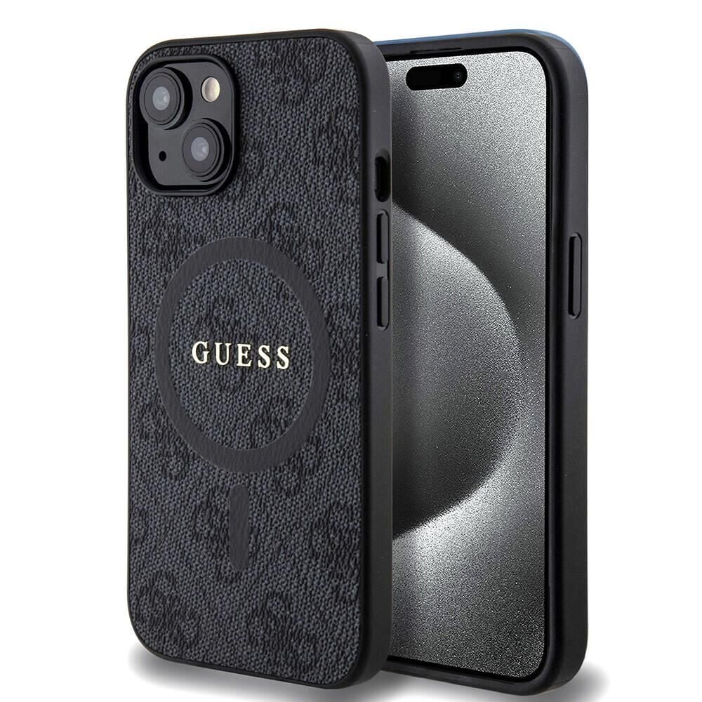 iPhone 15 Kılıf Guess Orijinal Lisanslı Magsafe Şarj Özellikli PU Halkalı 4G Desenli Yazı Logolu Kapak