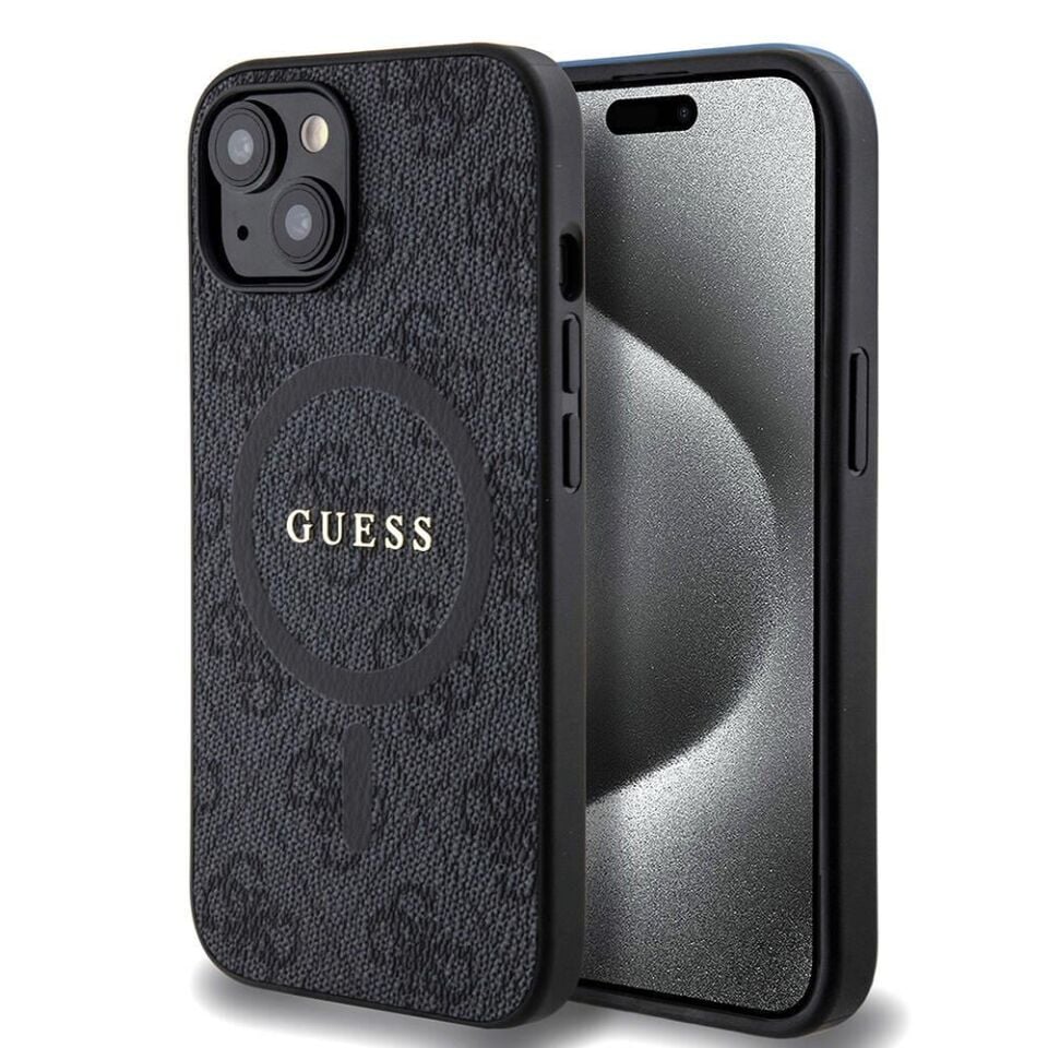 iPhone 15 Kılıf Guess Orijinal Lisanslı Magsafe Şarj Özellikli PU Halkalı 4G Desenli Yazı Logolu Kapak