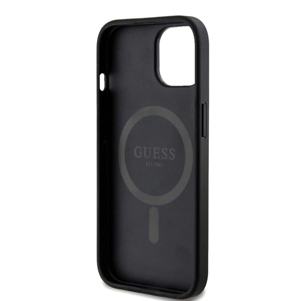 iPhone 15 Kılıf Guess Orijinal Lisanslı Magsafe Şarj Özellikli PU Halkalı 4G Desenli Yazı Logolu Kapak