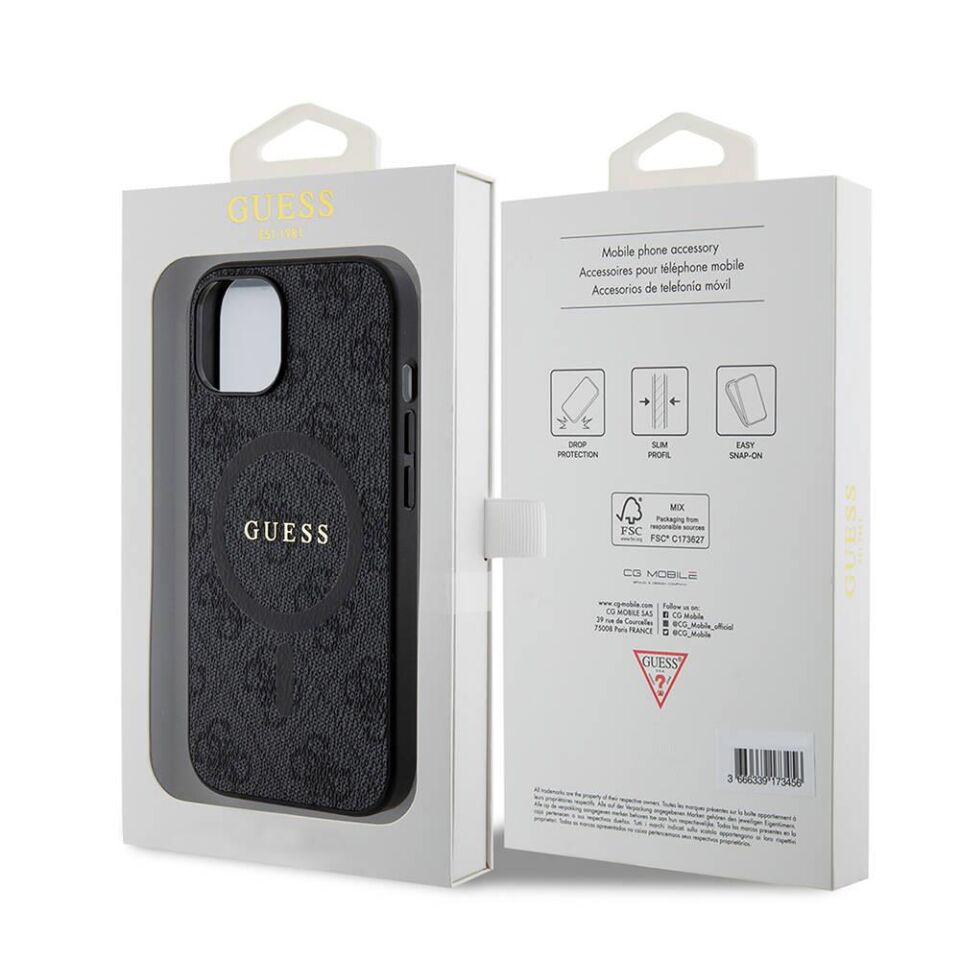 iPhone 15 Kılıf Guess Orijinal Lisanslı Magsafe Şarj Özellikli PU Halkalı 4G Desenli Yazı Logolu Kapak