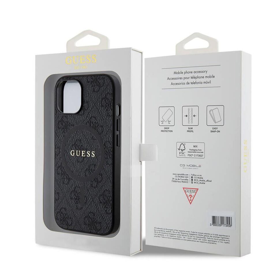 iPhone 15 Kılıf Guess Orijinal Lisanslı Magsafe Şarj Özellikli PU Halkalı 4G Desenli Yazı Logolu Kapak
