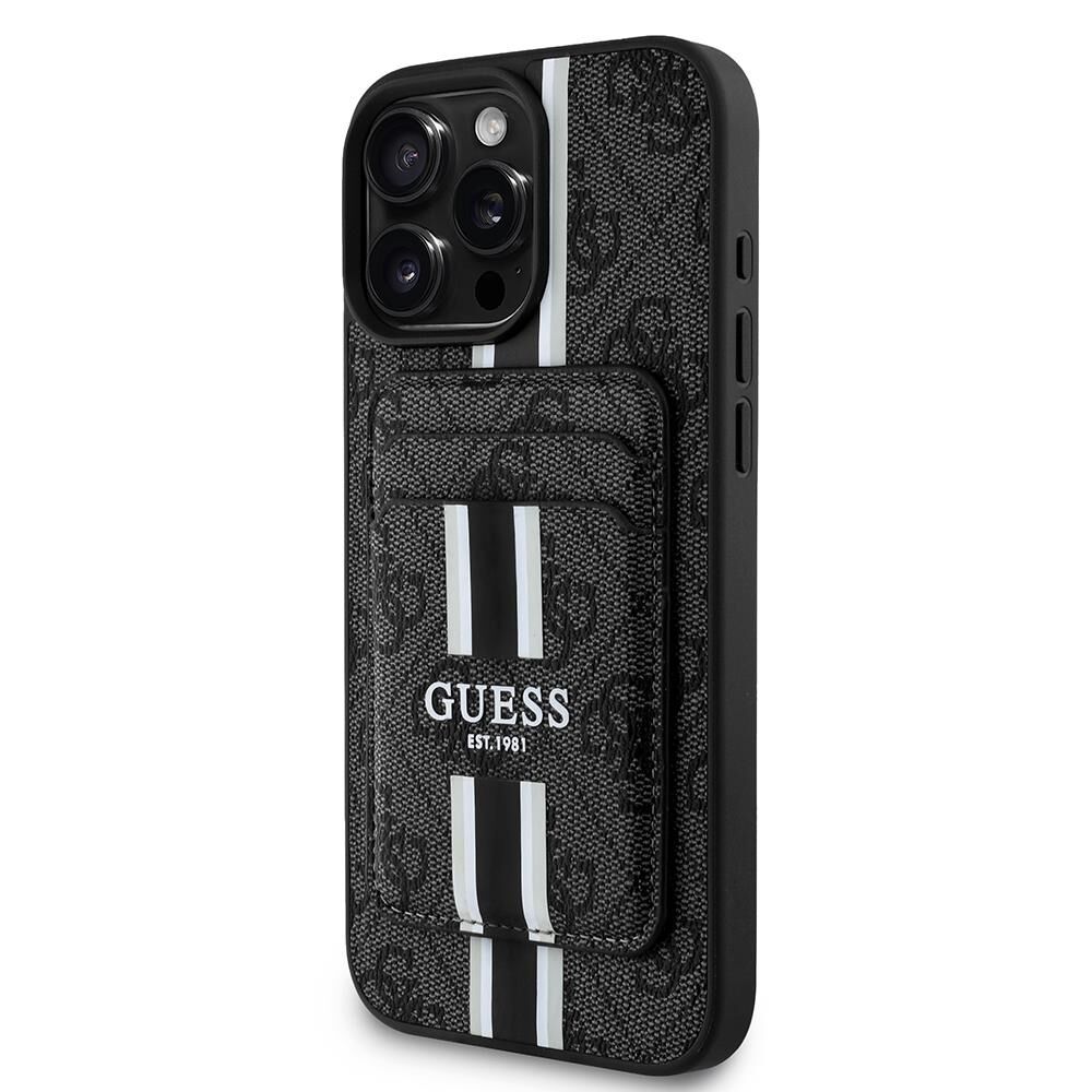 Apple iPhone 16 Pro Kılıf - Guess Orijinal Lisanslı - Magsafe Şarj Özellikli - 4G Desenli Çizgili - Kartlıklı Kapak - Siyah