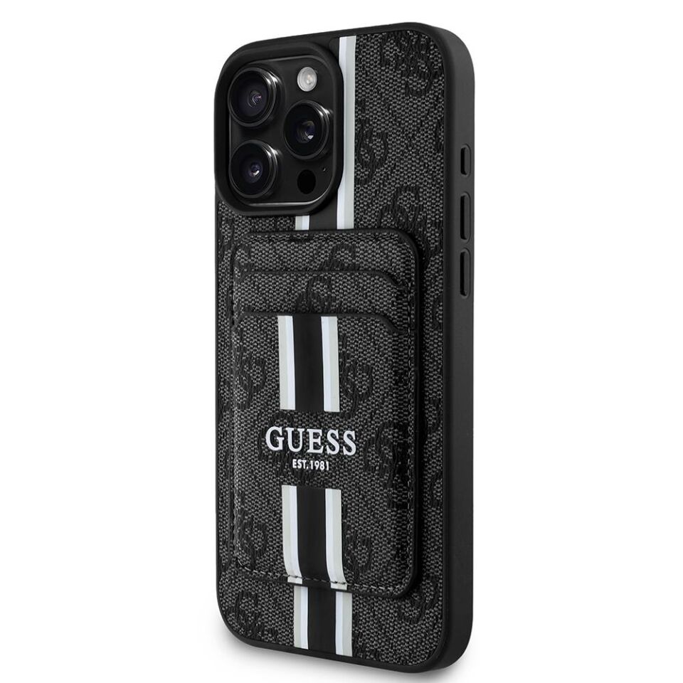 Apple iPhone 16 Pro Kılıf - Guess Orijinal Lisanslı - Magsafe Şarj Özellikli - 4G Desenli Çizgili - Kartlıklı Kapak - Siyah