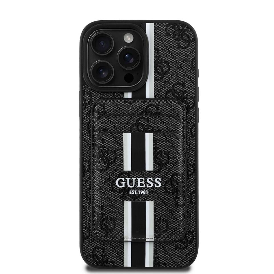Apple iPhone 16 Pro Kılıf - Guess Orijinal Lisanslı - Magsafe Şarj Özellikli - 4G Desenli Çizgili - Kartlıklı Kapak - Siyah