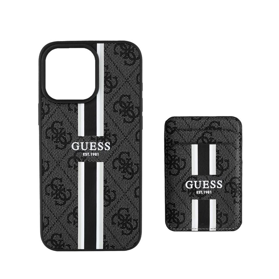 Apple iPhone 16 Pro Kılıf - Guess Orijinal Lisanslı - Magsafe Şarj Özellikli - 4G Desenli Çizgili - Kartlıklı Kapak - Siyah