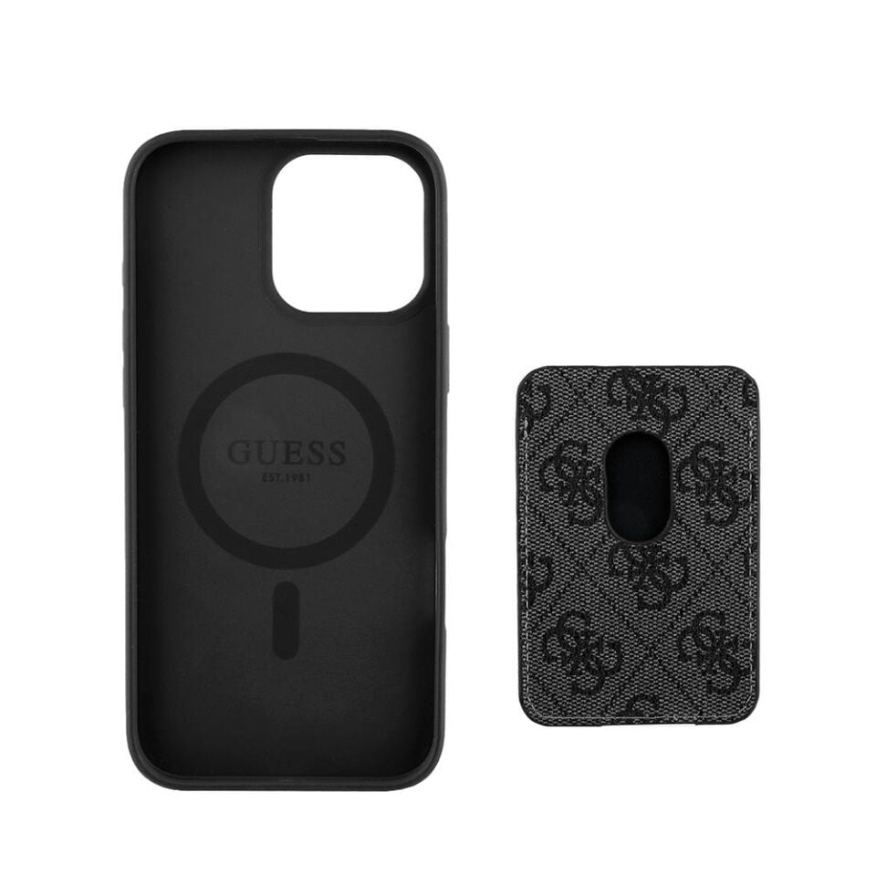 Apple iPhone 16 Pro Kılıf - Guess Orijinal Lisanslı - Magsafe Şarj Özellikli - 4G Desenli Çizgili - Kartlıklı Kapak - Siyah