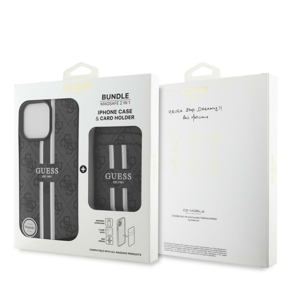 Apple iPhone 16 Pro Kılıf - Guess Orijinal Lisanslı - Magsafe Şarj Özellikli - 4G Desenli Çizgili - Kartlıklı Kapak - Siyah