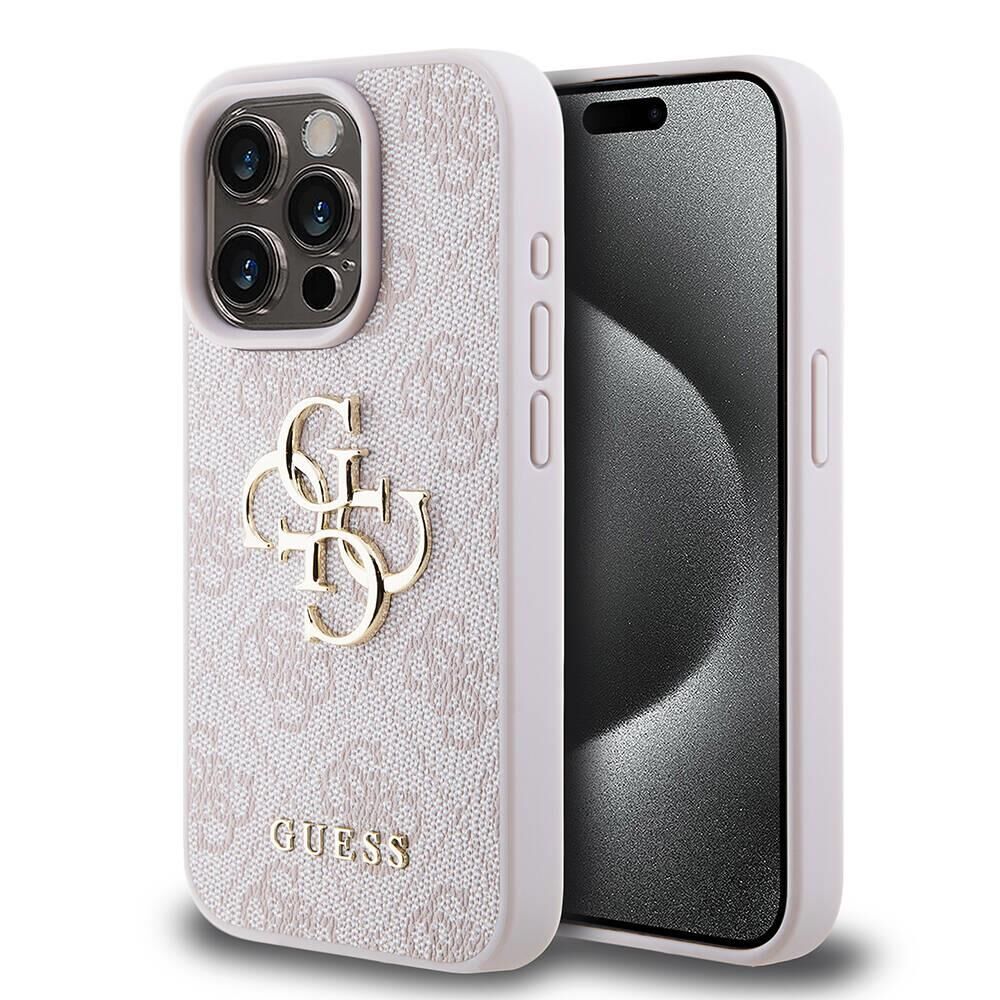 Apple iPhone 15 Pro Kılıf Guess Orijinal Lisanslı PU Deri Yazı ve 4G Metal Logolu Desenli Kapak