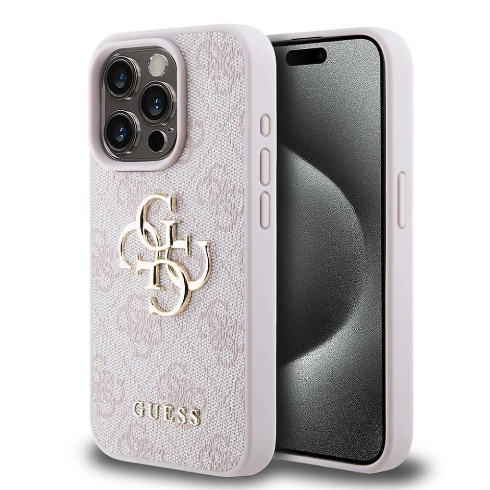 Apple iPhone 15 Pro Kılıf Guess Orijinal Lisanslı PU Deri Yazı ve 4G Metal Logolu Desenli Kapak