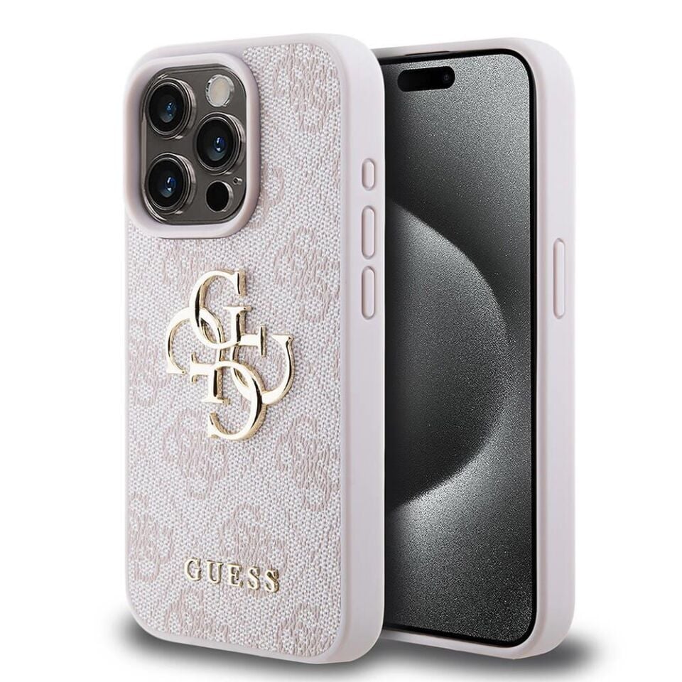 Apple iPhone 15 Pro Kılıf Guess Orijinal Lisanslı PU Deri Yazı ve 4G Metal Logolu Desenli Kapak