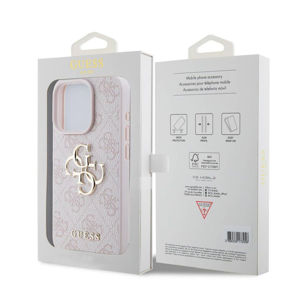 Apple iPhone 15 Pro Kılıf Guess Orijinal Lisanslı PU Deri Yazı ve 4G Metal Logolu Desenli Kapak