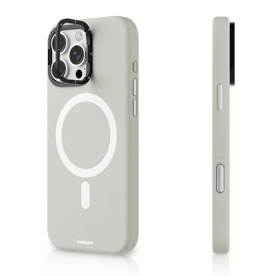 Apple iPhone 16 Pro Kılıf - Magsafe Şarj Özellikli - Kamera Standlı - Youngkit Bitty Cream Kapak - Gri