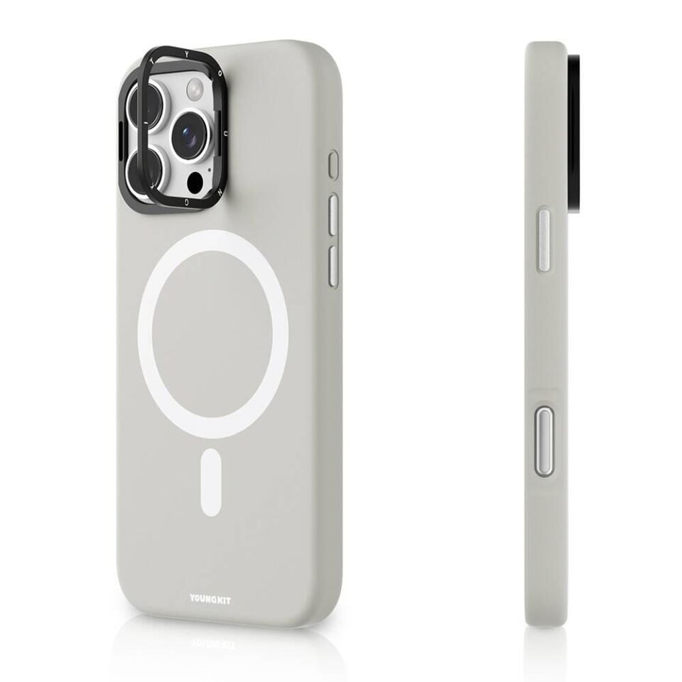Apple iPhone 16 Pro Kılıf - Magsafe Şarj Özellikli - Kamera Standlı - Youngkit Bitty Cream Kapak - Gri