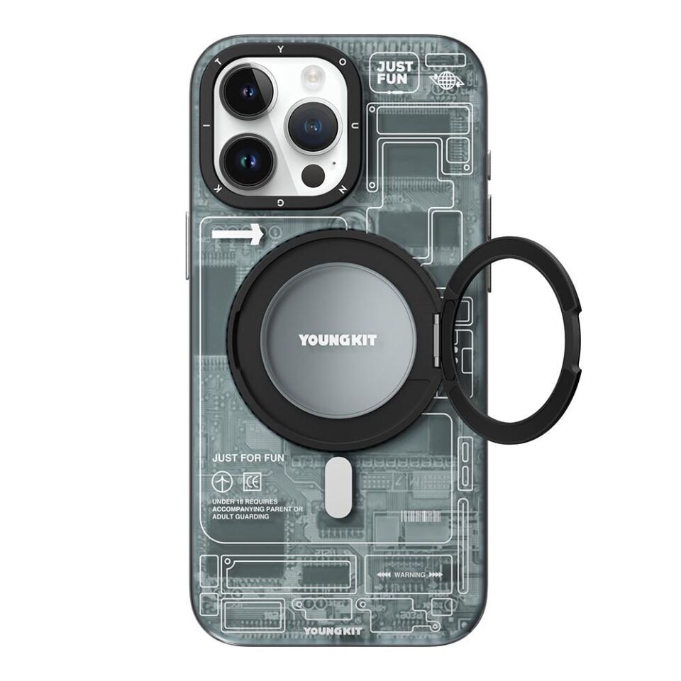 Apple iPhone 15 Pro Kılıf - Magsafe Şarj Özellikli - Youngkit 360° Standlı Technology Serisi Kapak - Gri