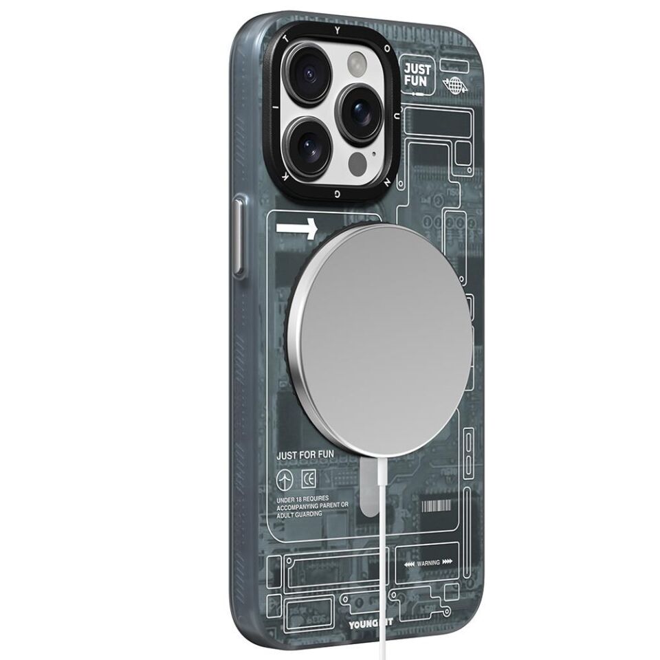 Apple iPhone 15 Pro Kılıf - Magsafe Şarj Özellikli - Youngkit 360° Standlı Technology Serisi Kapak - Gri