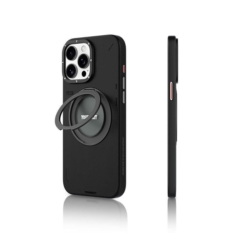 Apple iPhone 15 Pro Kılıf - Magsafe Şarj Özellikli - 360° Standlı - Basit Mat Deri Desenli - Youngkit Tech Leather Serisi Kapak - Siyah