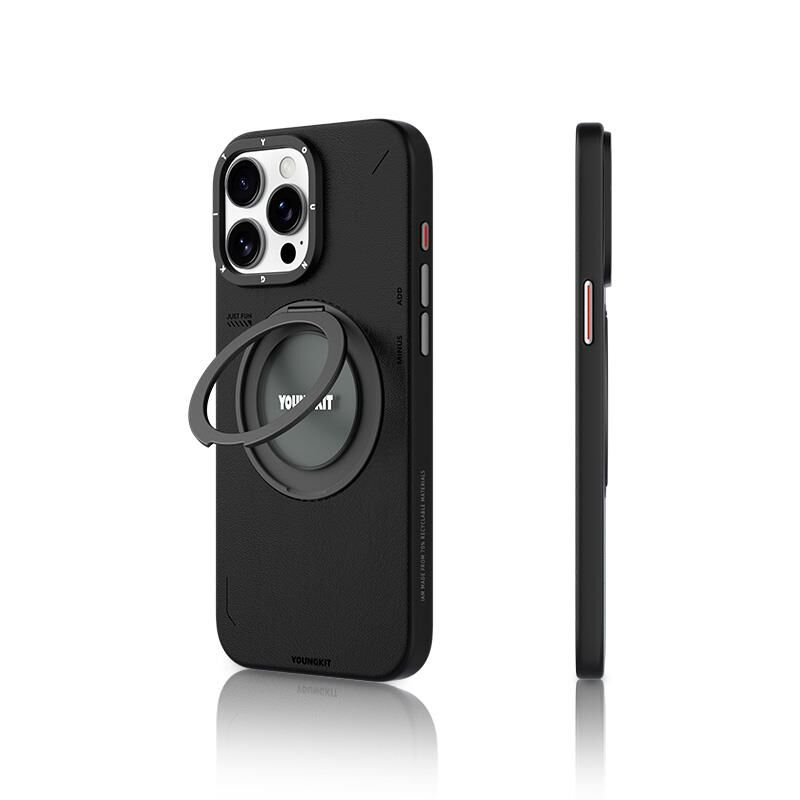 Apple iPhone 15 Pro Kılıf - Magsafe Şarj Özellikli - 360° Standlı - Basit Mat Deri Desenli - Youngkit Tech Leather Serisi Kapak - Siyah