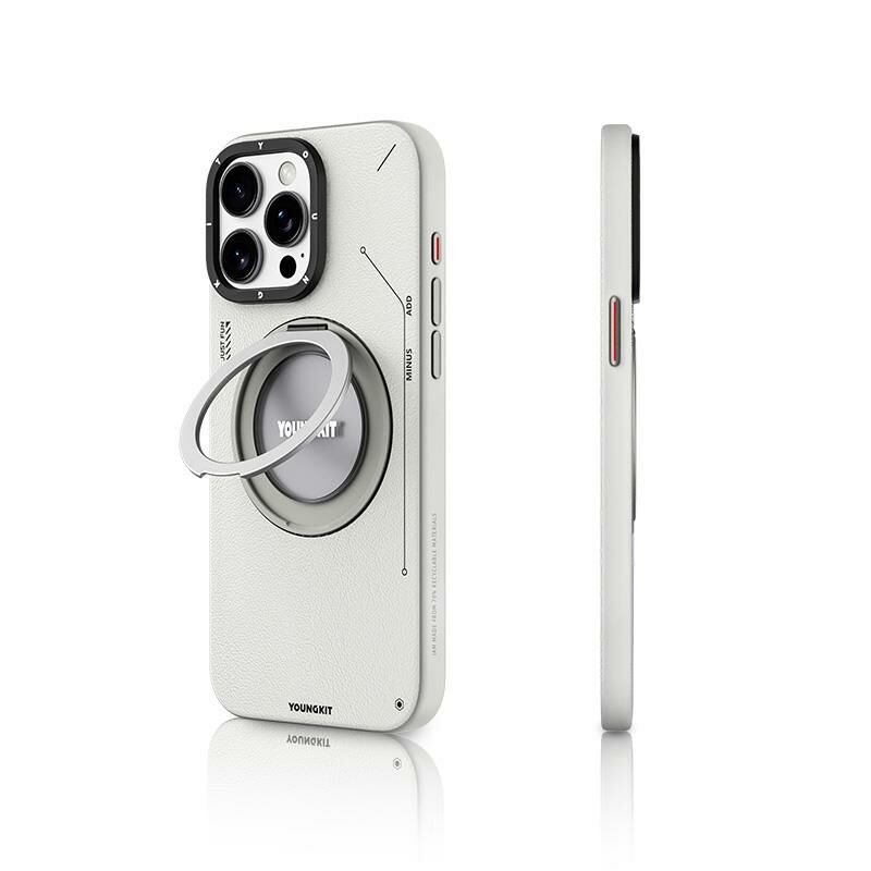 Apple iPhone 15 Pro Max Kılıf - Magsafe Şarj Özellikli - 360° Standlı - Basit Mat Deri Desenli - Youngkit Tech Leather Serisi Kapak - Gri