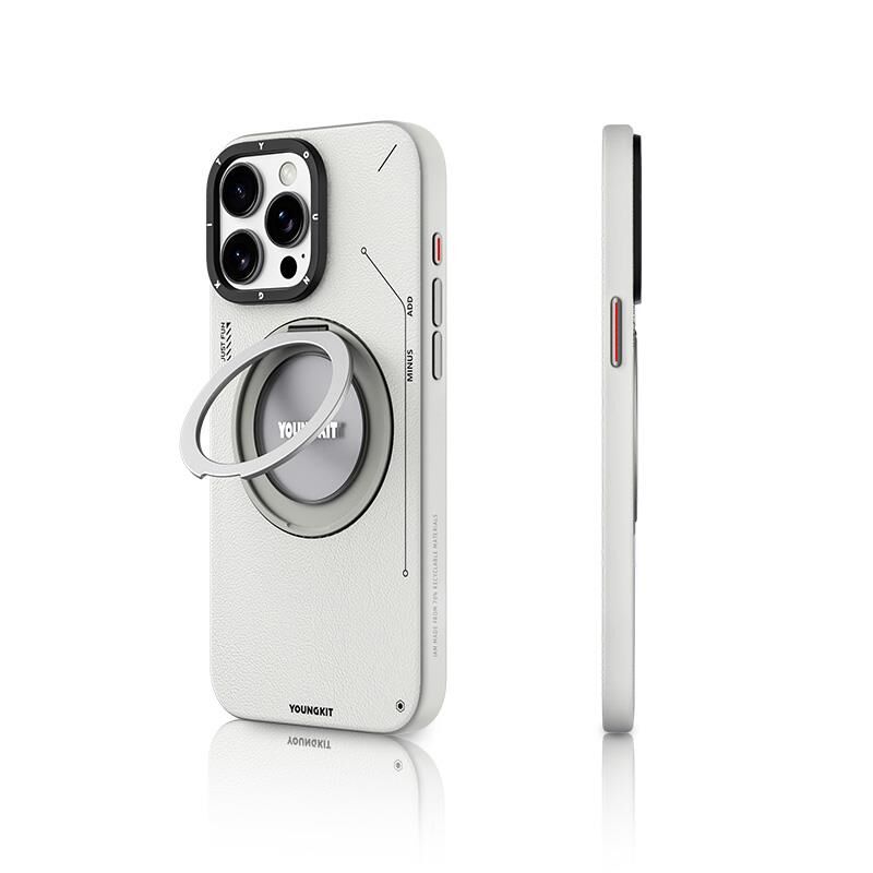 Apple iPhone 15 Pro Max Kılıf - Magsafe Şarj Özellikli - 360° Standlı - Basit Mat Deri Desenli - Youngkit Tech Leather Serisi Kapak - Gri