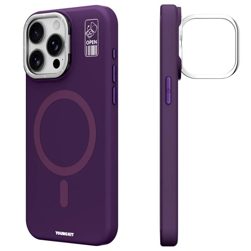 Apple iPhone 14 Pro Max Kılıf - Magsafe Şarj Özellikli - Kamera Standlı - Youngkit Bitty Cream Kapak - Mor