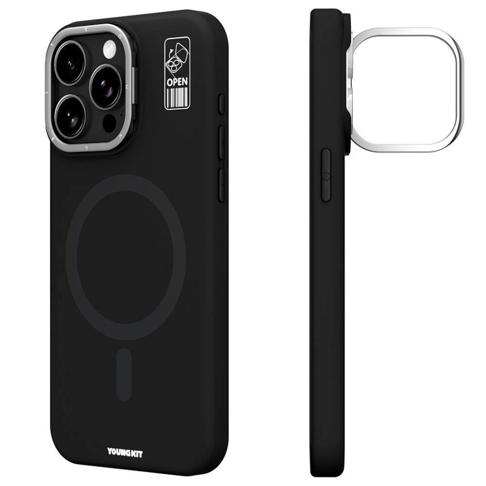 Apple iPhone 14 Pro Max Kılıf - Magsafe Şarj Özellikli - Kamera Standlı - Youngkit Bitty Cream Kapak - Siyah