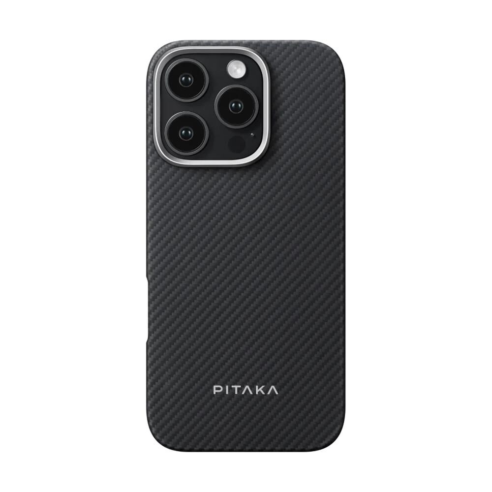 Apple iPhone 16 Pro Max Kılıf - Magsafe Şarj Özellikli - 600D Aramid Fiber Pitaka Ultra Slim - Classic Serisi Black Grey Twill Kapak - Siyah