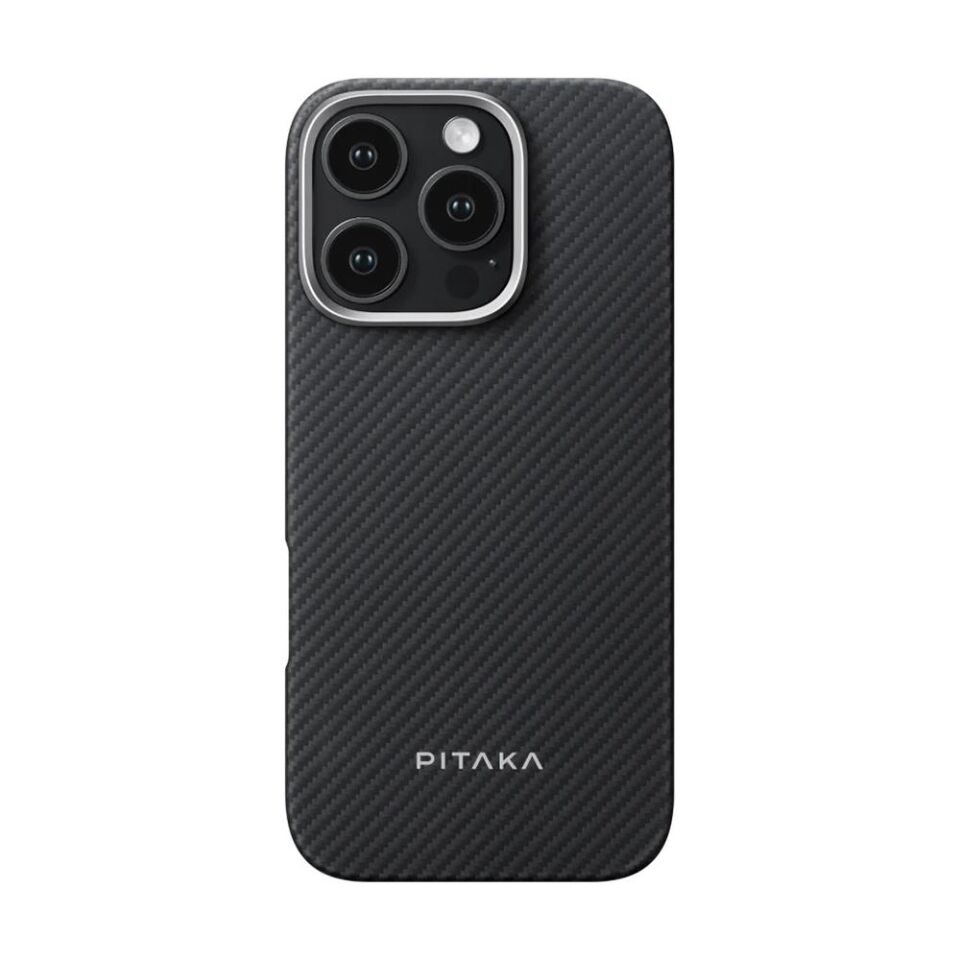 Apple iPhone 16 Pro Max Kılıf - Magsafe Şarj Özellikli - 600D Aramid Fiber Pitaka Ultra Slim - Classic Serisi Black Grey Twill Kapak - Siyah