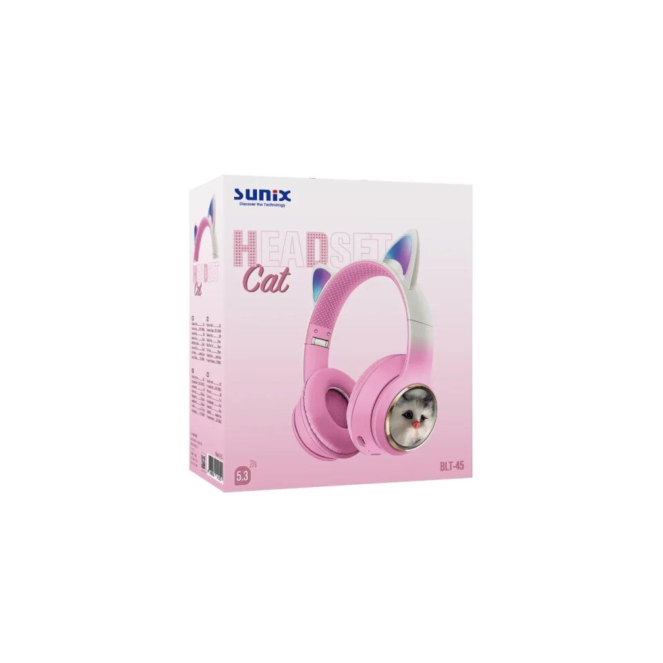 Sunix BLT 45 Wireless 5.3 Stereo Kedili Kulak Üstü Bluetooth Kulaklık Pembe