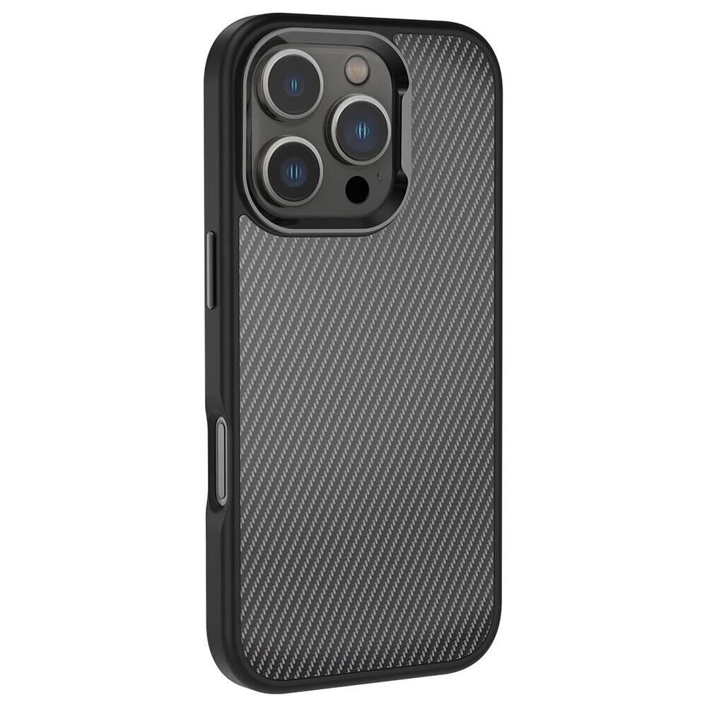 Apple iPhone 16 Pro Kılıf Karbon Fiber Görünümlü Parlak Kamera Çerçeveli Zore Venus Kapak Rose Black