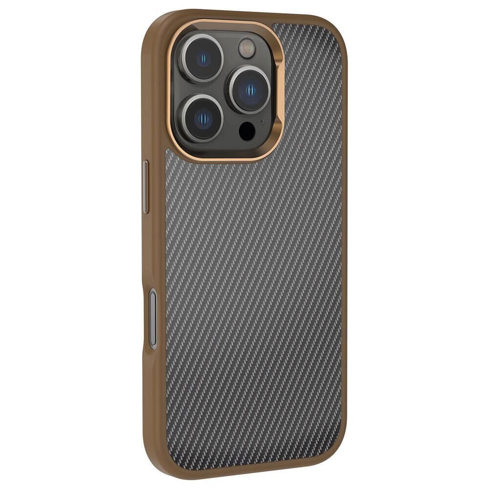 Apple iPhone 16 Pro Max Kılıf Karbon Fiber Görünümlü Parlak Kamera Çerçeveli Zore Venus Kapak Rose Brown