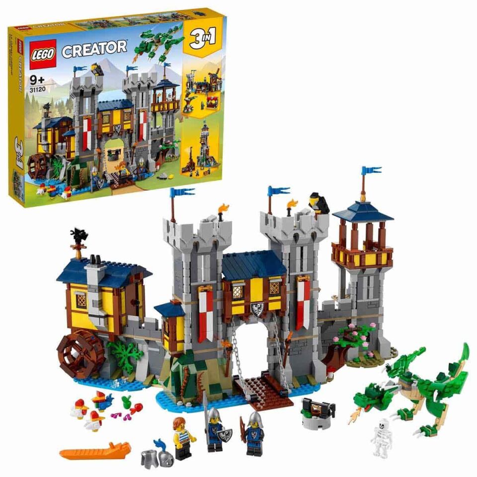 LEGO Creator 3ü 1 Arada Ortaçağ Kalesi 31120 Yapım Seti Hendekli ve Köprülü Kale Ayrıca 3 Minifigür