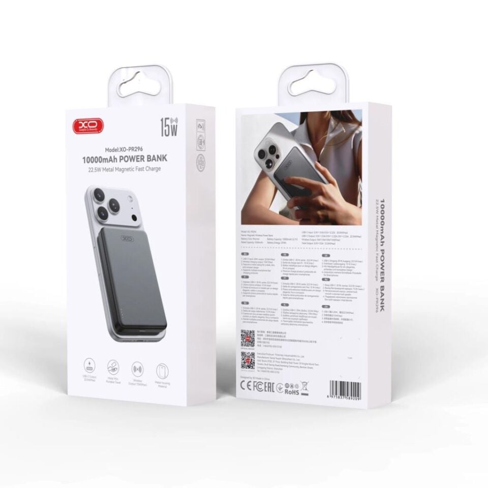 XO PR296 10000 mAh 22 5W MagSafe Uyumlu Manyetik Hızlı Şarj Metal Powerbank