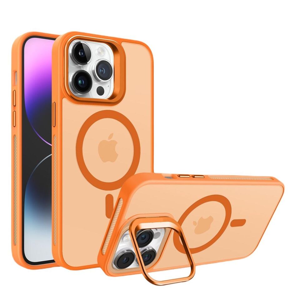 Piili İphone 15 Pro Max Metal Bracket Magsafe Mat Kılıf Turuncu