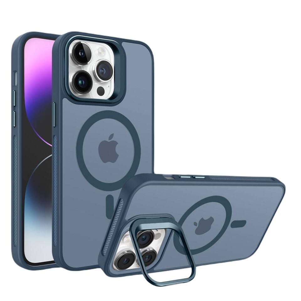 Piili iPhone 15 Pro Max Metal Bracket Magsafe Mat Kılıf Lacivert