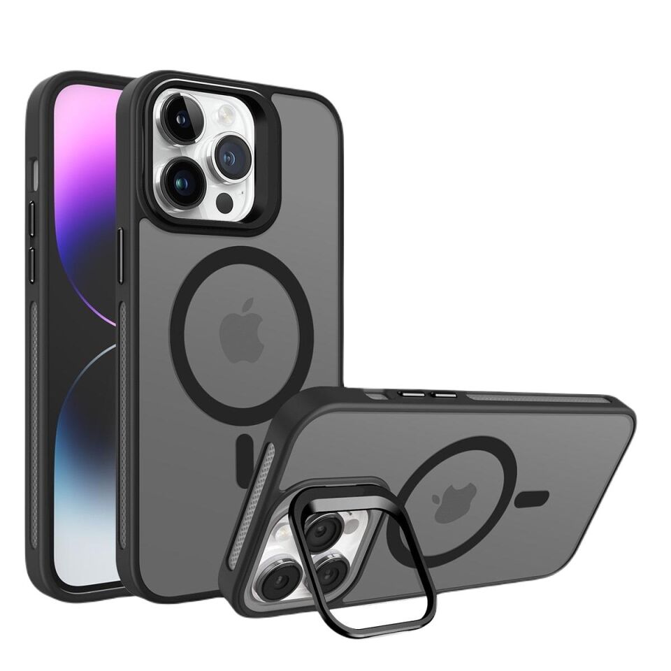 Piili İphone 15 Pro Max Metal Bracket Magsafe Mat Kılıf Siyah